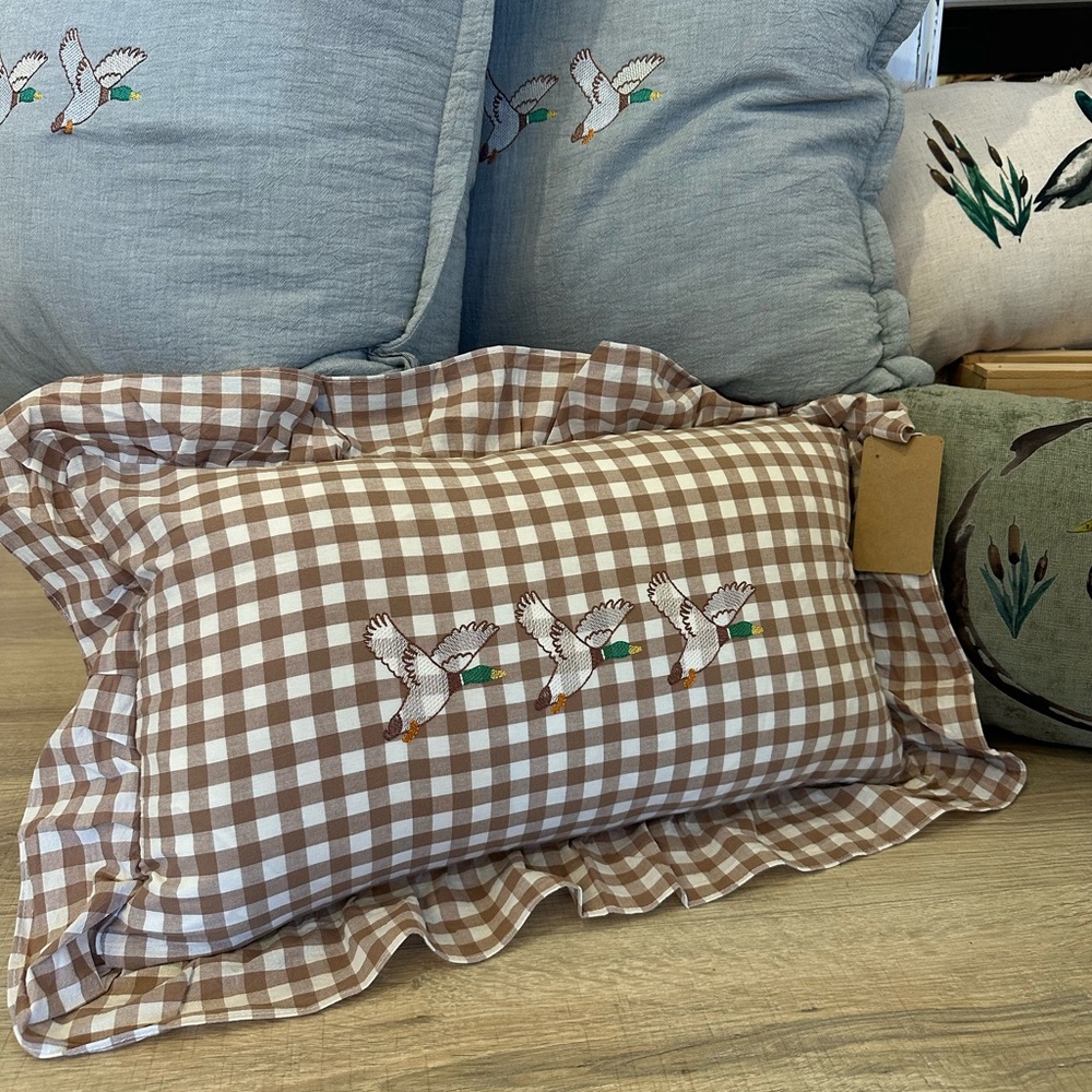 Brown Checkered Pillow with mallard Embroidery